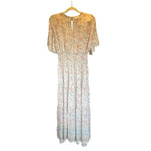 Womens Y2K Fairy Boho Floral Smocked Tiered Flutter‎ Sleeve Maxi Dress Small
